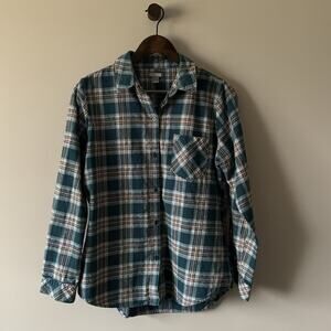 FALLS CREEK PLAID BUTTON DOWN SHIRT SIZE LARGE TEAL TAN SILVER METALLIC